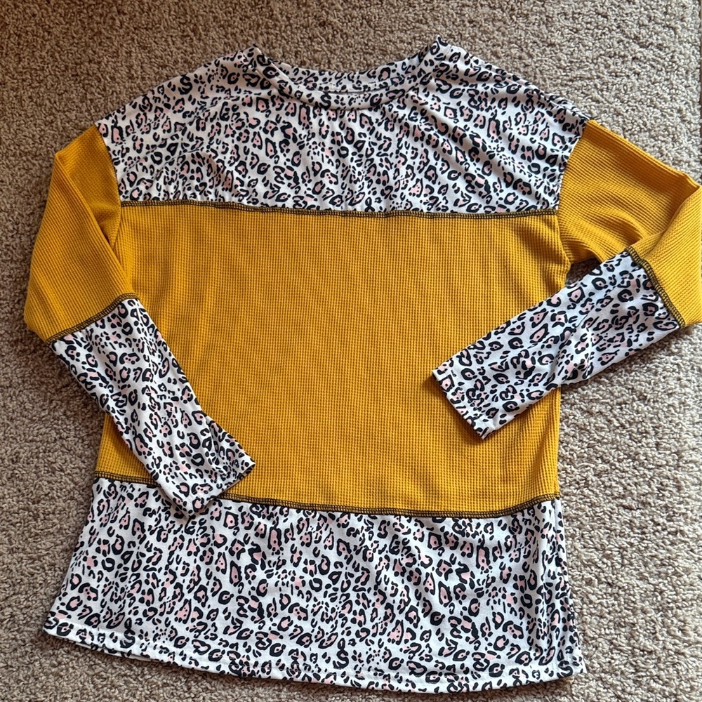 NWOT Women's Mustard and Leopard Print Waffle-Knit Top